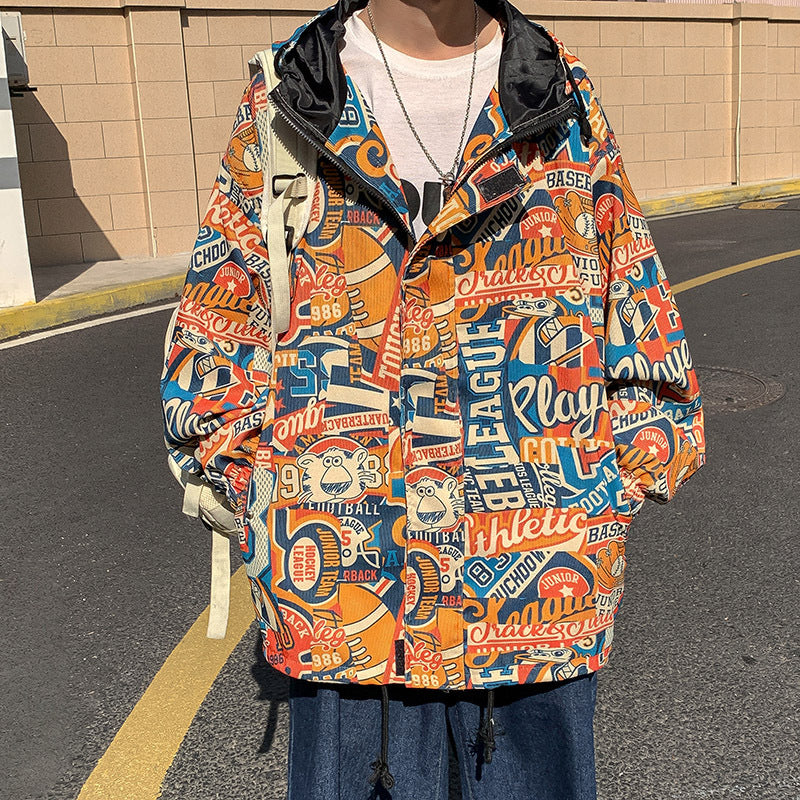 Hooded Jacket Men Graffiti Print Trend Pullover Top Plus Size Jacket Men