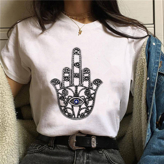Fashion Lucky Hand Plus Size Round Neck Black Ladies Short Sleeves