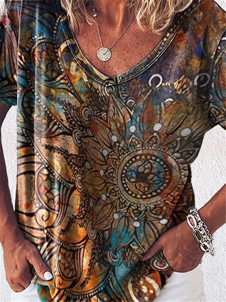 Vintage Printed V-neck Thin Casual T-shirt