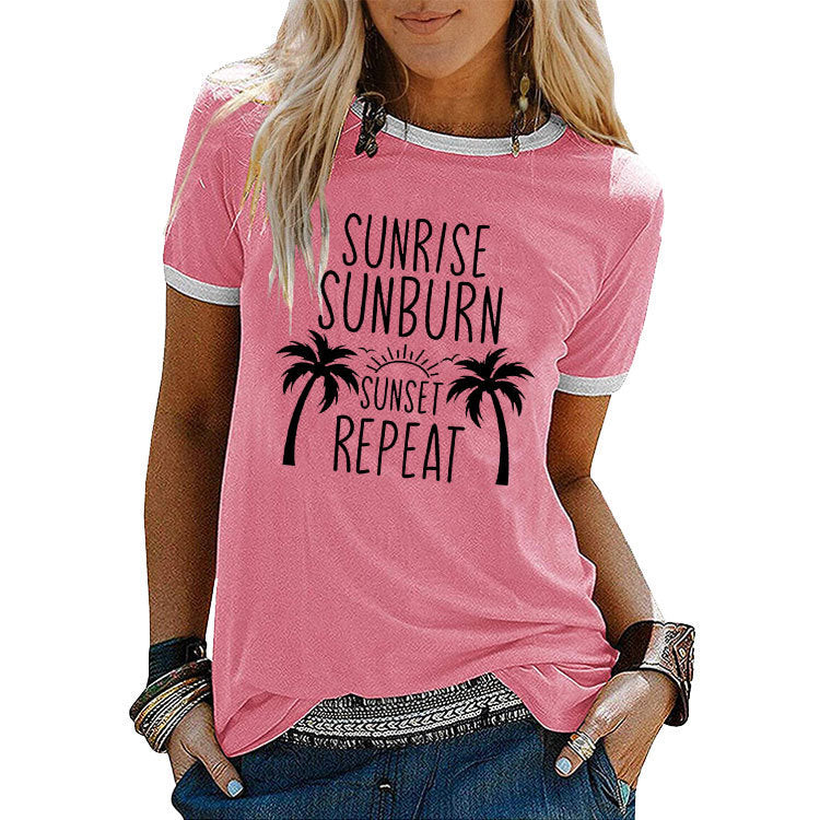 Street Coconut Tree Printed Women's Round Neck Short Sleeves