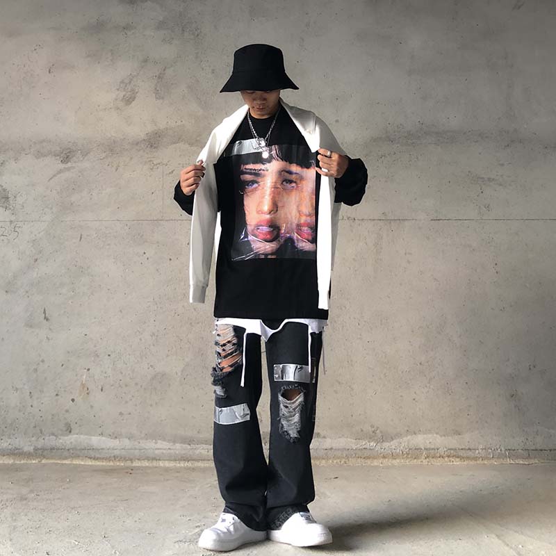 Ins High Street Portrait Print Long-sleeved T-shirt Men