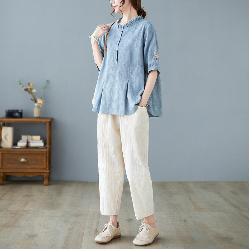 Plus Size Cotton Linen Jacquard Embroidered Loose Top Harem Pants Suit