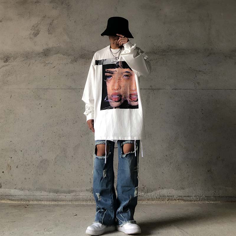 Ins High Street Portrait Print Long-sleeved T-shirt Men