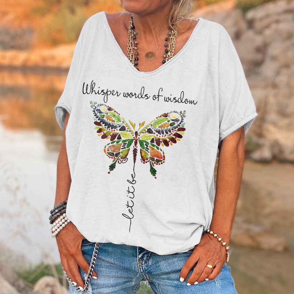 Ladies English Butterfly Print T-Shirt Loose