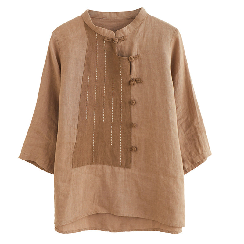Stand Up Collar Button Contrast Patchwork Cotton Linen Shirt
