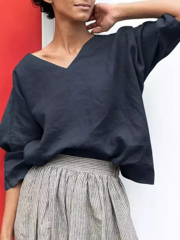 Women's Sleeve Cotton Linen V-Neck T-Shirt