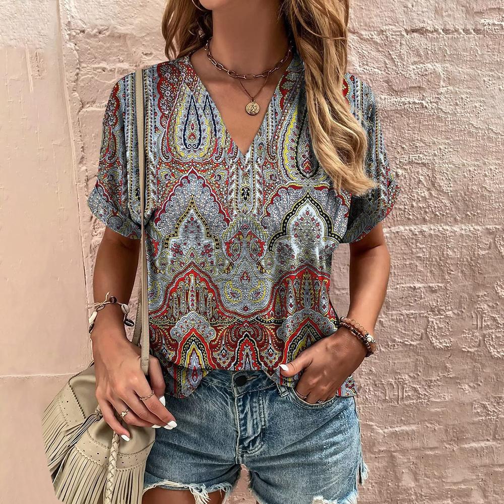 Printed T-shirt Ethnic V-neck Summer Short Sleeve