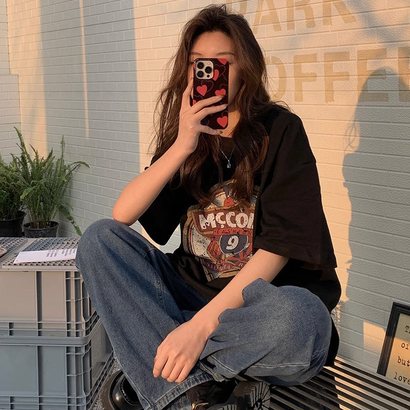 New Korean Style Round Neck Short Sleeve T-shirt Loose Printed Letters