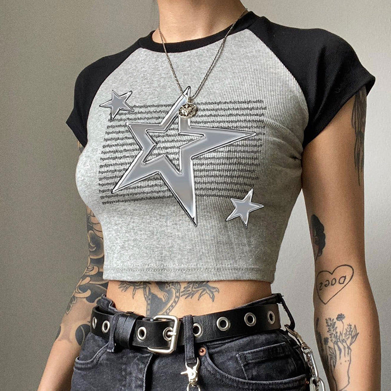 Basic Round Neck Contrast Raglan Short Sleeve T-shirt