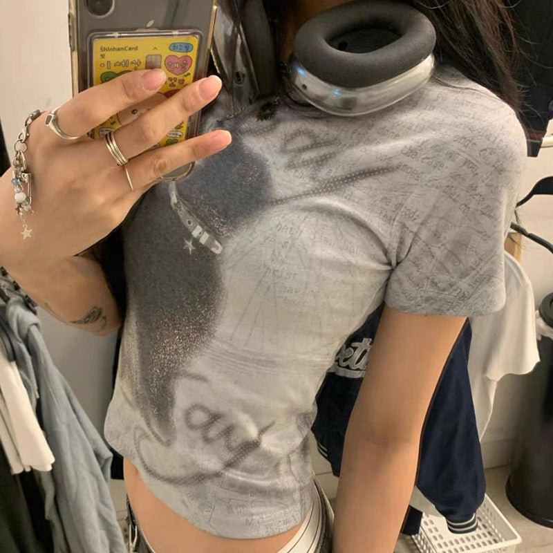 INS New Women's Casual Fashion Printing Round Neck Short Top