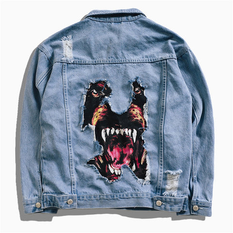 Jacket, dog, dog, hole, denim, jacket, male hip-hop style, men and women