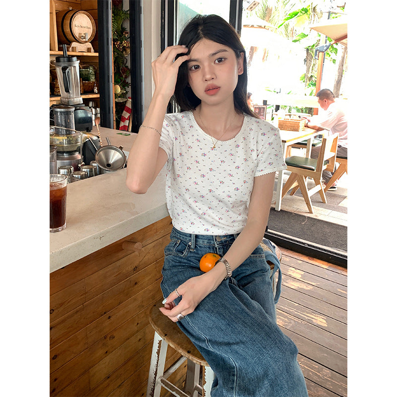 Fresh Floral Lace-collared Blouse Loose Round Neck Slim-fit Short Sleeve