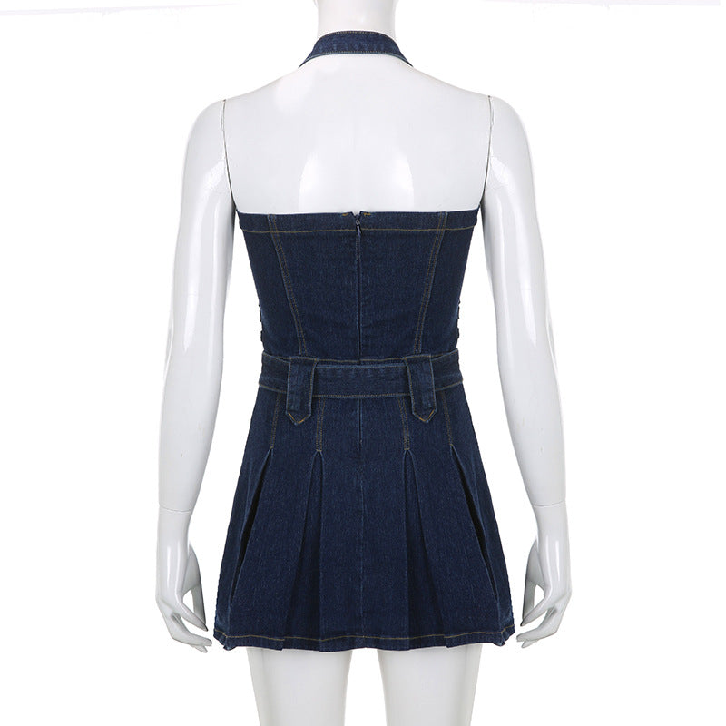 Women Denim Mini Dress Off Shoulder Halter Neck Sleeveless