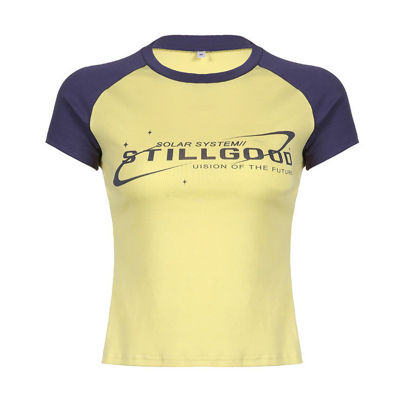 Contrasting Letter Print Raglan Short Sleeve Ladies Top