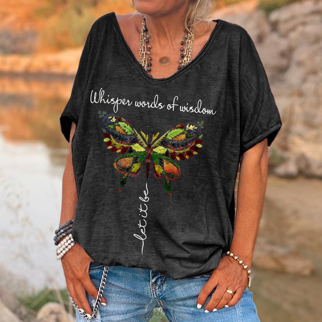 Ladies English Butterfly Print T-Shirt Loose