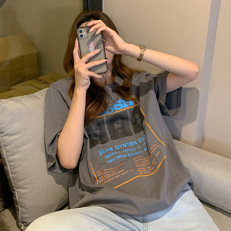 Summer Letter Character Print Loose Mid-length Short-sleeved T-shirt Schoolgirl Bottoming Shirt Top Fashion