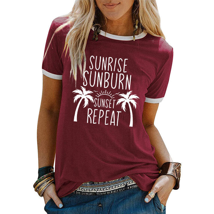 Street Coconut Tree Printed Women's Round Neck Short Sleeves