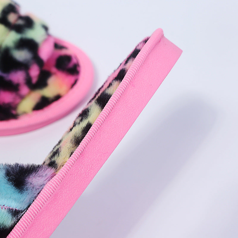 Women New Indoor Fuzzy Leopard Plush House Flat With Fuzzy Slipper