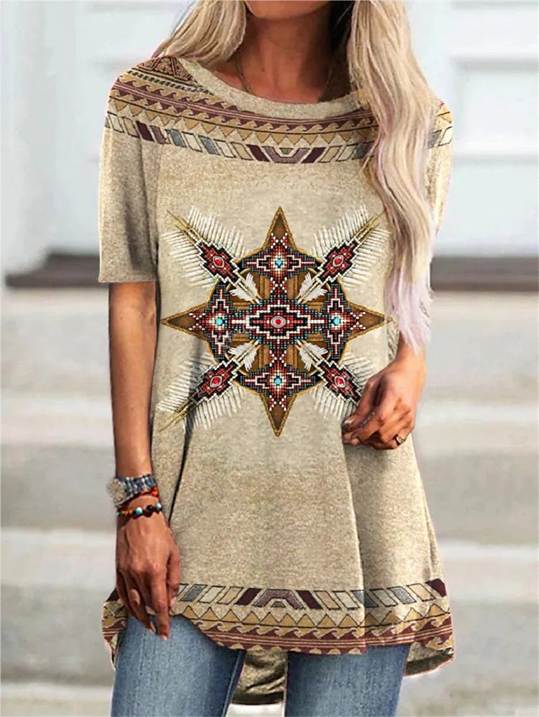 Round Neck Women's Casual Vintage T-shirt