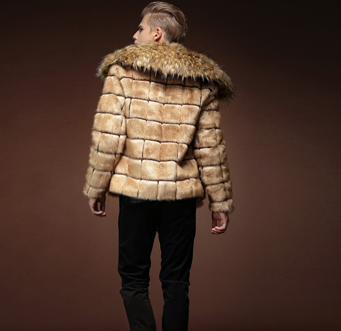 KaLeB Mens Luxury Faux Fox Fur Winter Big Fur Collar Slim Fit Short Thick Coat Casual Jacket Hip Length Parka Outwear Overcoat