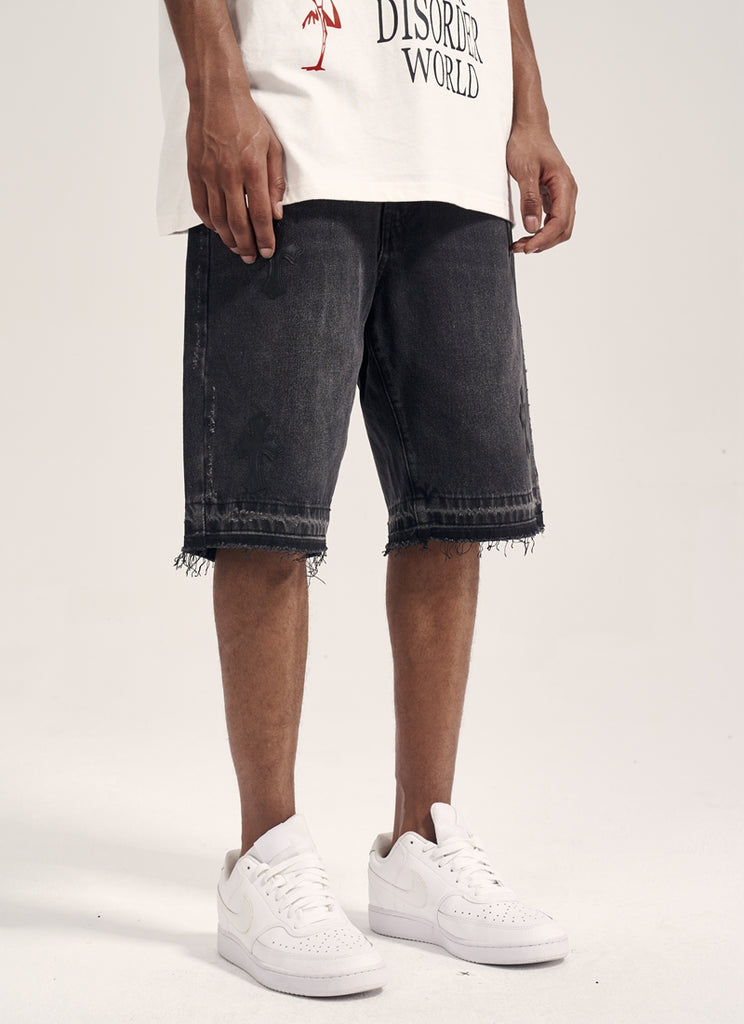 Embroidered Raw Edge Tide Brand Summer Casual Denim Shorts For Men