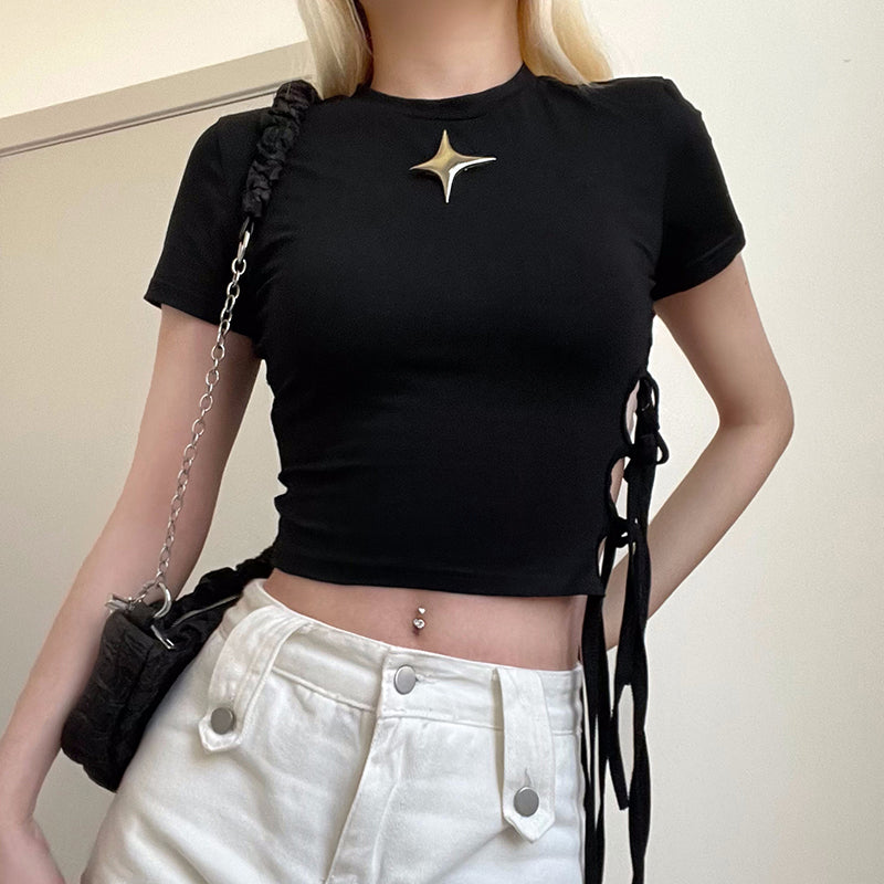 Women's Dark Metal Decorative Side Waist Hollowed Out Strap Short Sleeved T-shirt