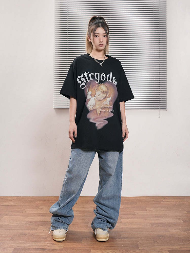 Summer Heavy American Retro Street Overesize Angel Print T-shirt