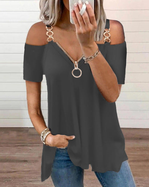 Low Cut Metal Strap Zippered Off Shoulder T Shirt