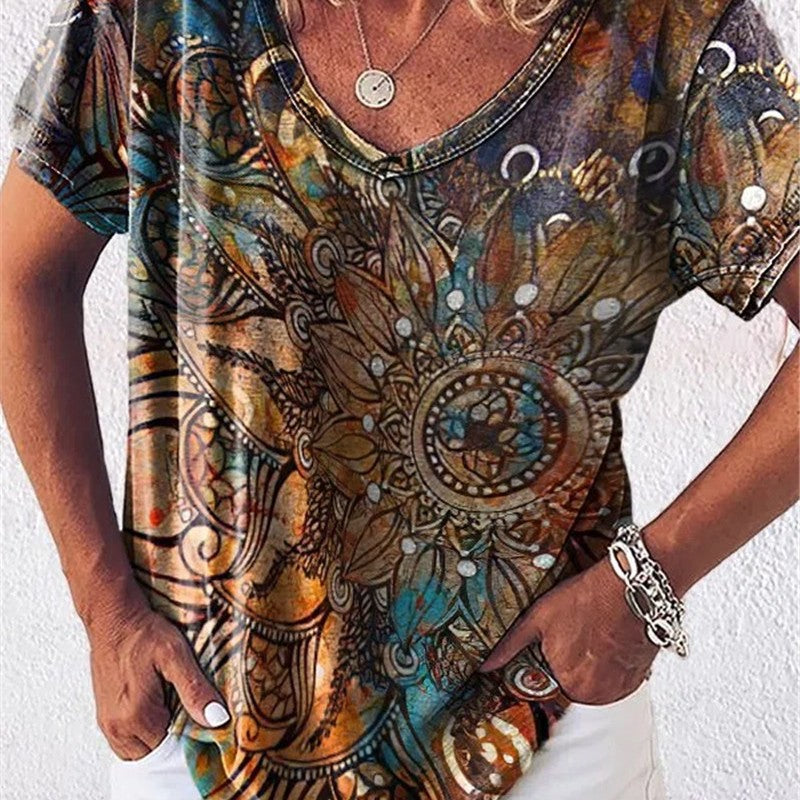 Vintage Printed V-neck Thin Casual T-shirt