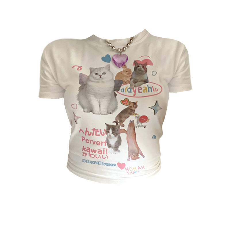 Retro Cat Print Short-sleeved T-shirt For Women