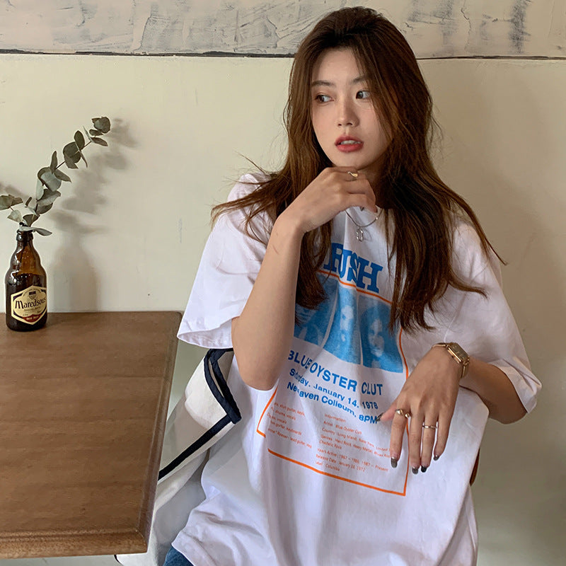 Summer Letter Character Print Loose Mid-length Short-sleeved T-shirt Schoolgirl Bottoming Shirt Top Fashion