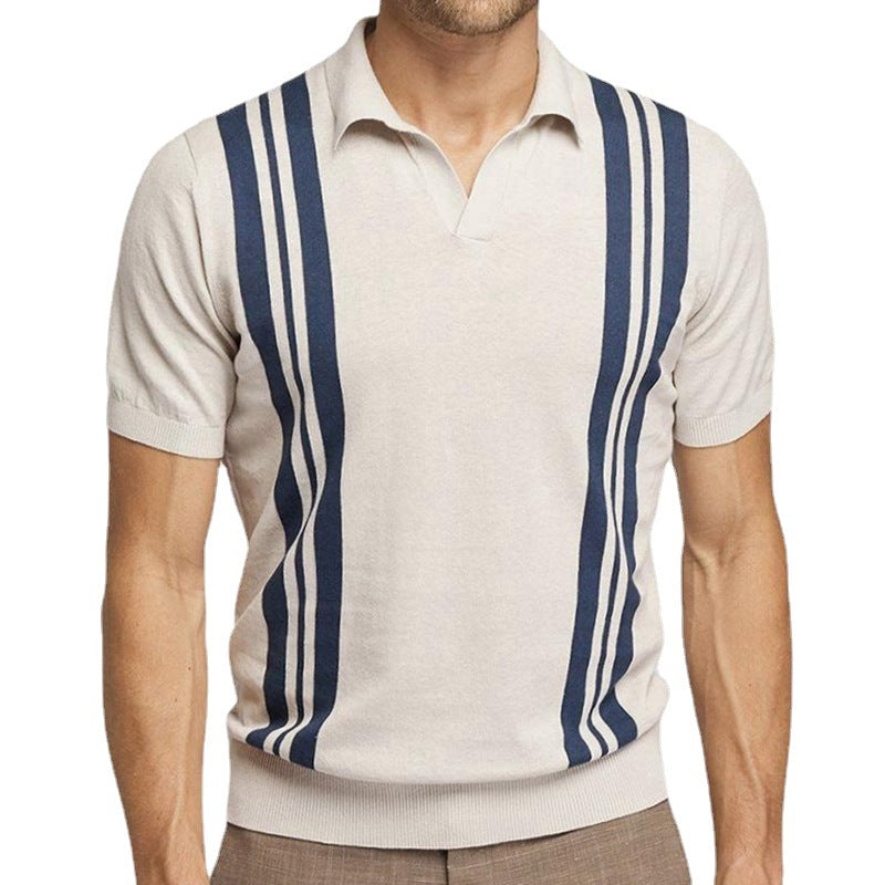 New Men's Summer Stripes Short-sleeved Sweater Slim Lapel Casual Polo Shirt For Men