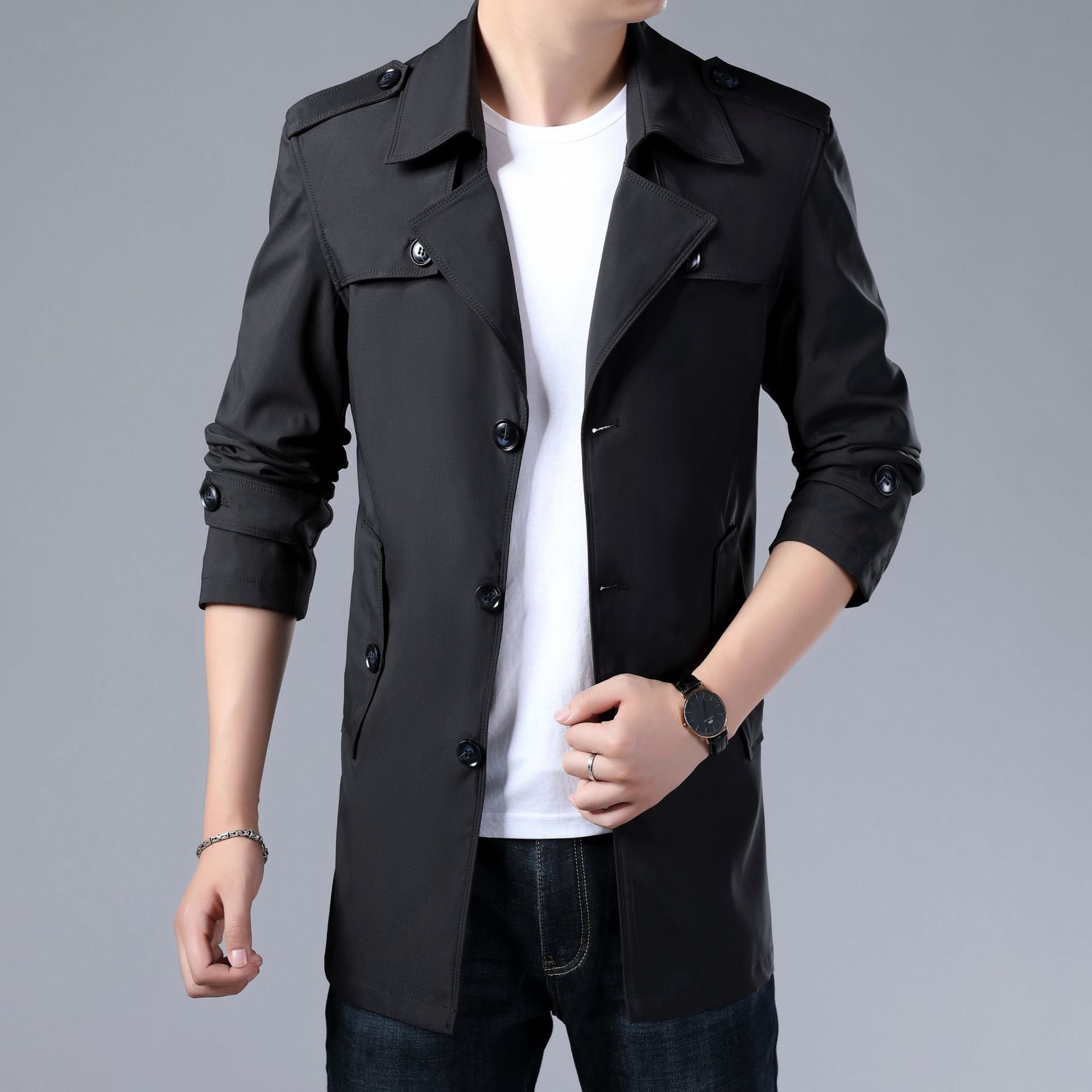 Spring And Autumn Men's Trench Coat With Buttons Top Quality Jacket Slim Regular Classic Jacket Spring And Autumn Men's Trench Coat With Buttons Top Quality Jacket Slim Regular Classic Jacket