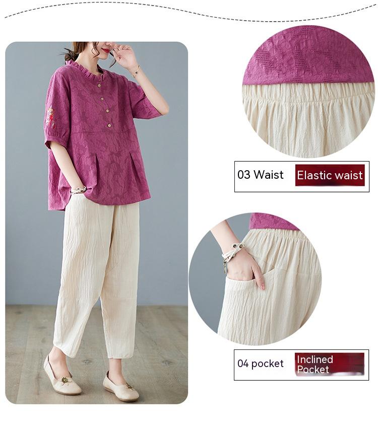 Plus Size Cotton Linen Jacquard Embroidered Loose Top Harem Pants Suit