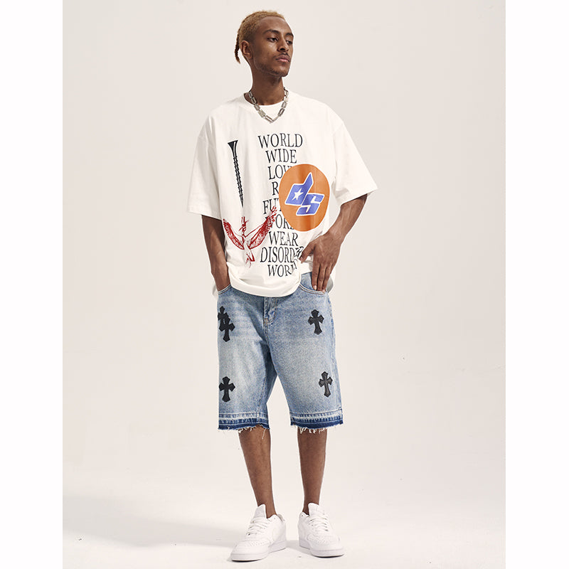 Embroidered Raw Edge Tide Brand Summer Casual Denim Shorts For Men
