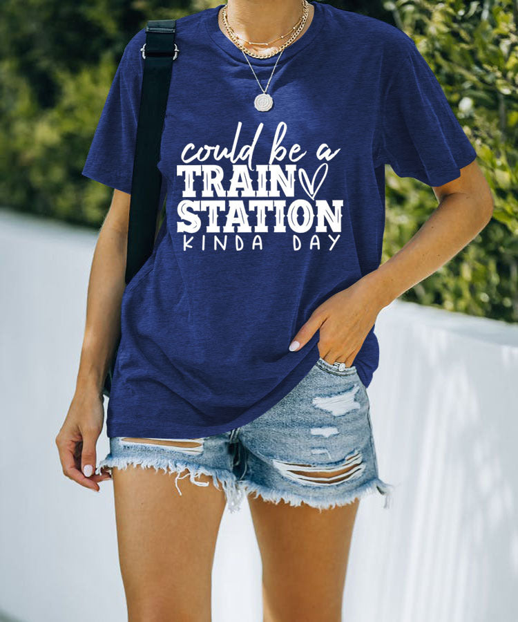 Letter Fun Printed Women's Round Neck Short Sleeve