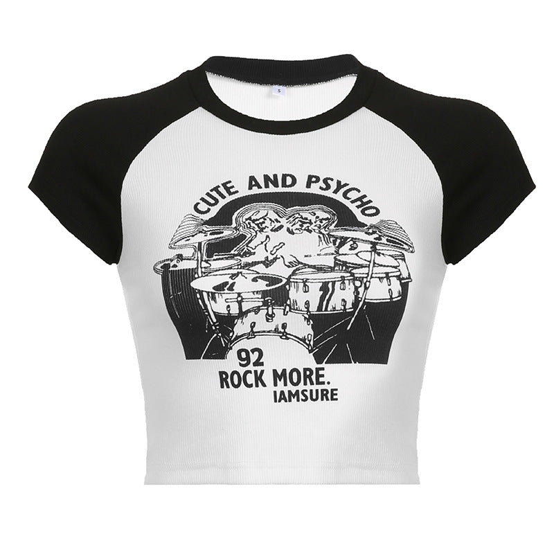 Black And White Contrast Color Slimming Versatile Short Sleeved Top