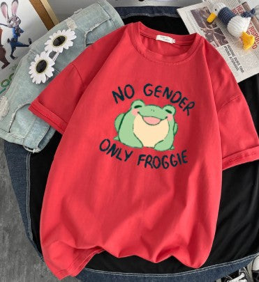 Frog Print Round Neck Loose Men's And Women's T-shirt