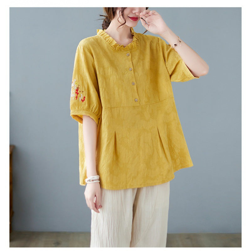 Plus Size Cotton Linen Jacquard Embroidered Loose Top Harem Pants Suit