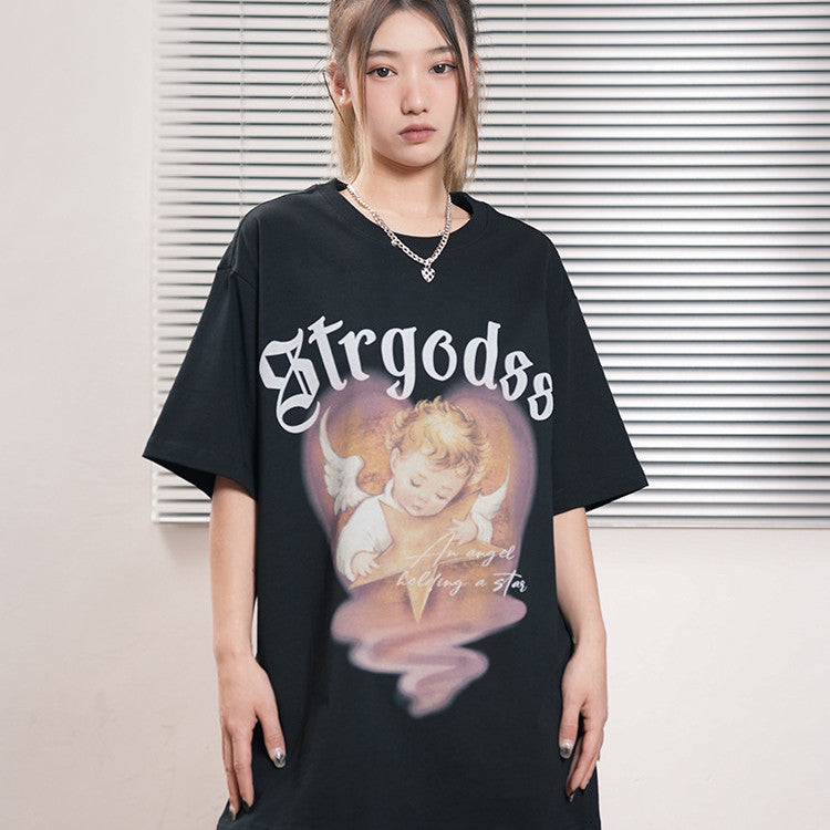 Summer Heavy American Retro Street Overesize Angel Print T-shirt