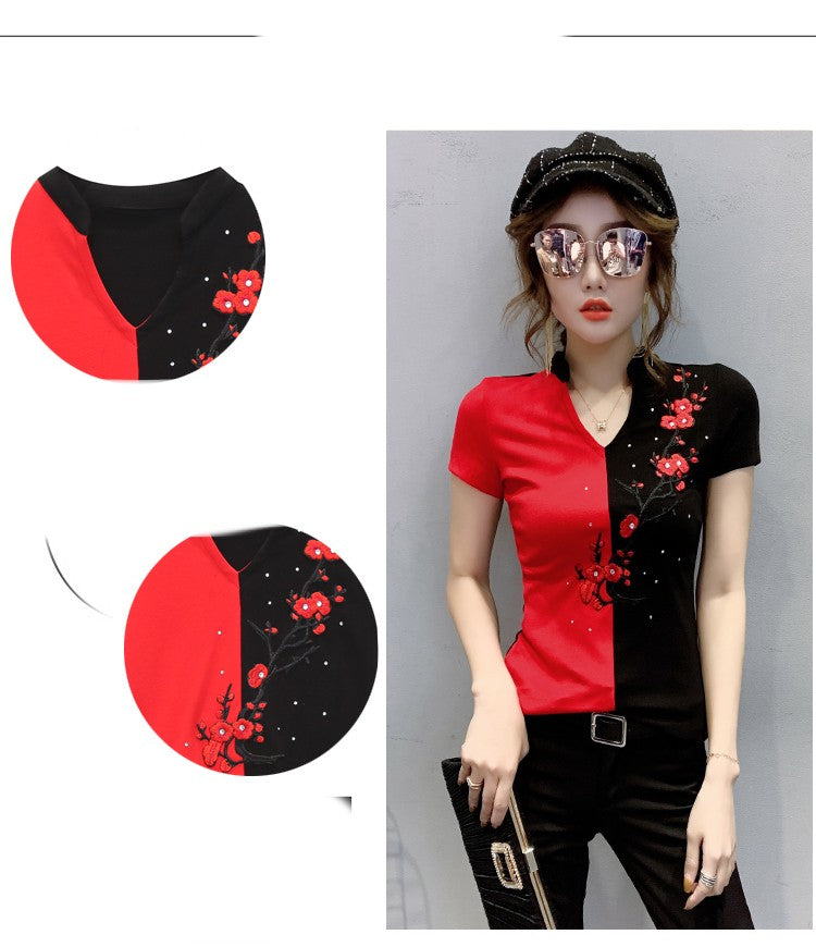 Summer Fashion Contrast V-neck T-shirt