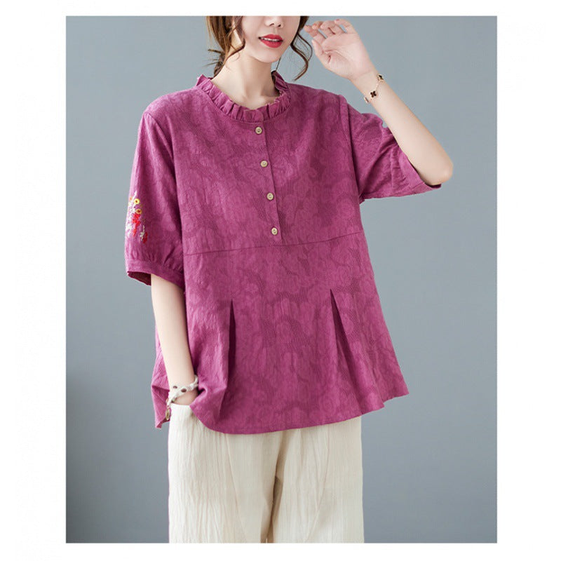 Plus Size Cotton Linen Jacquard Embroidered Loose Top Harem Pants Suit