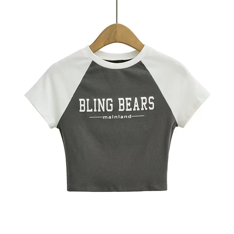 Color Blocking Letter Printed Round Neck Short Sleeve