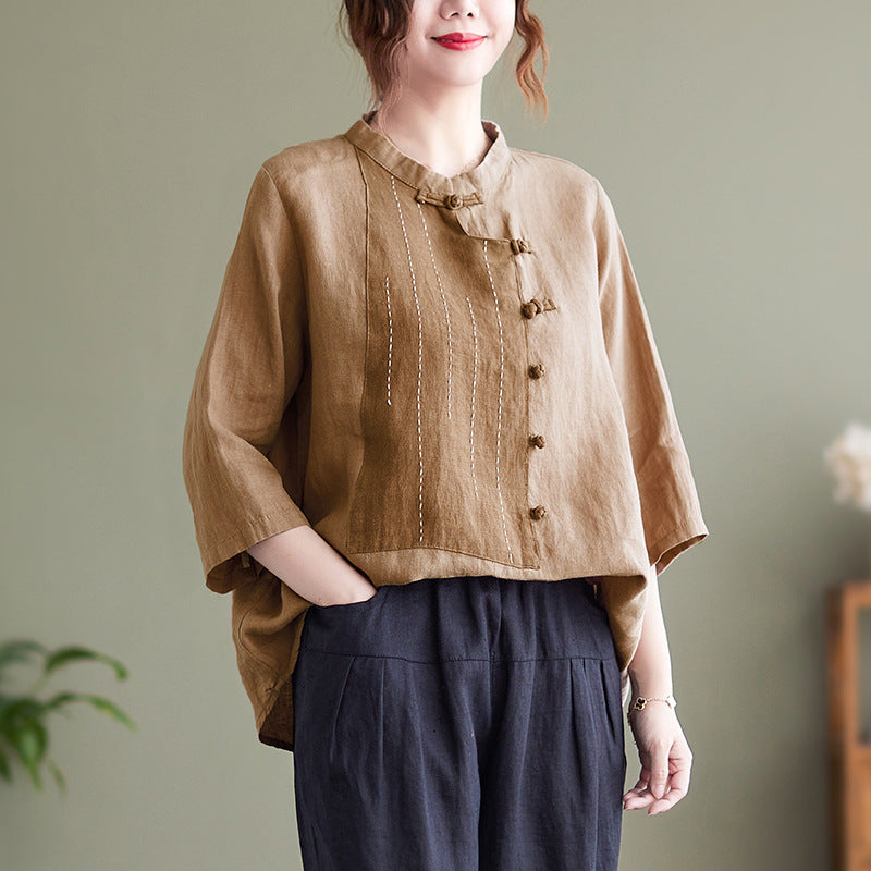 Stand Up Collar Button Contrast Patchwork Cotton Linen Shirt