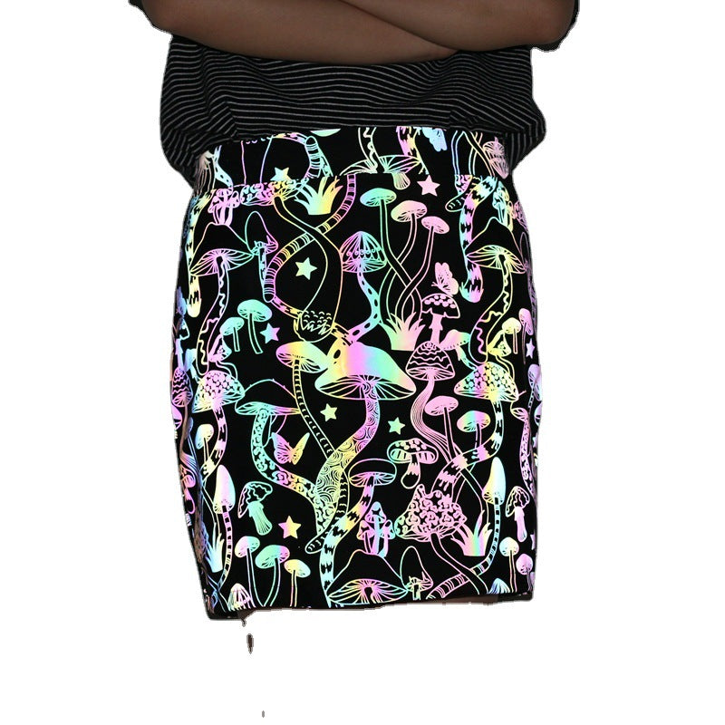 Colorful Mushroom Reflective Skirt High Waist Stretch Hip Skirt