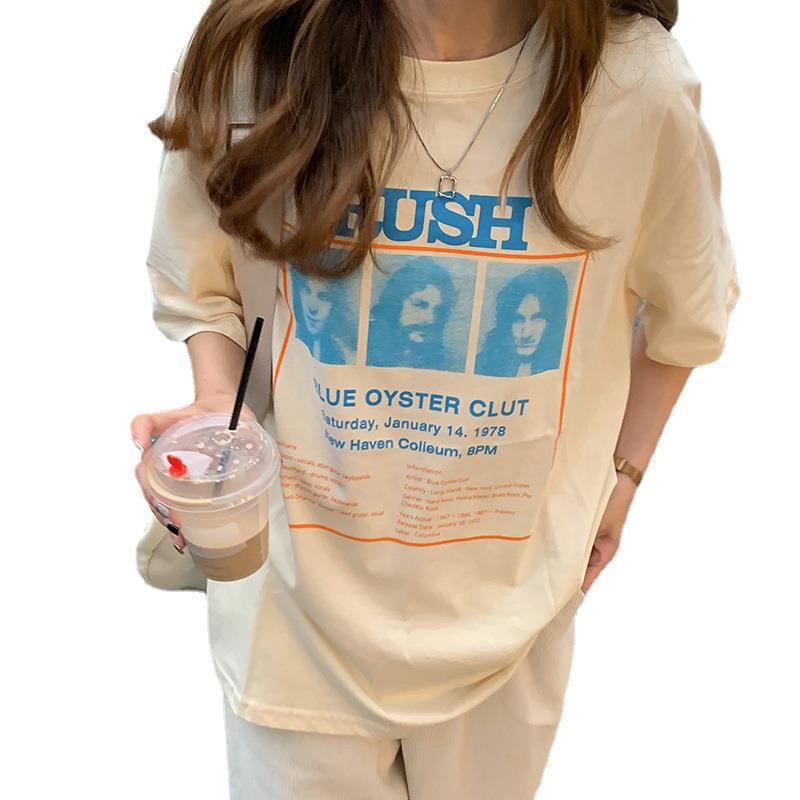 Summer Letter Character Print Loose Mid-length Short-sleeved T-shirt Schoolgirl Bottoming Shirt Top Fashion