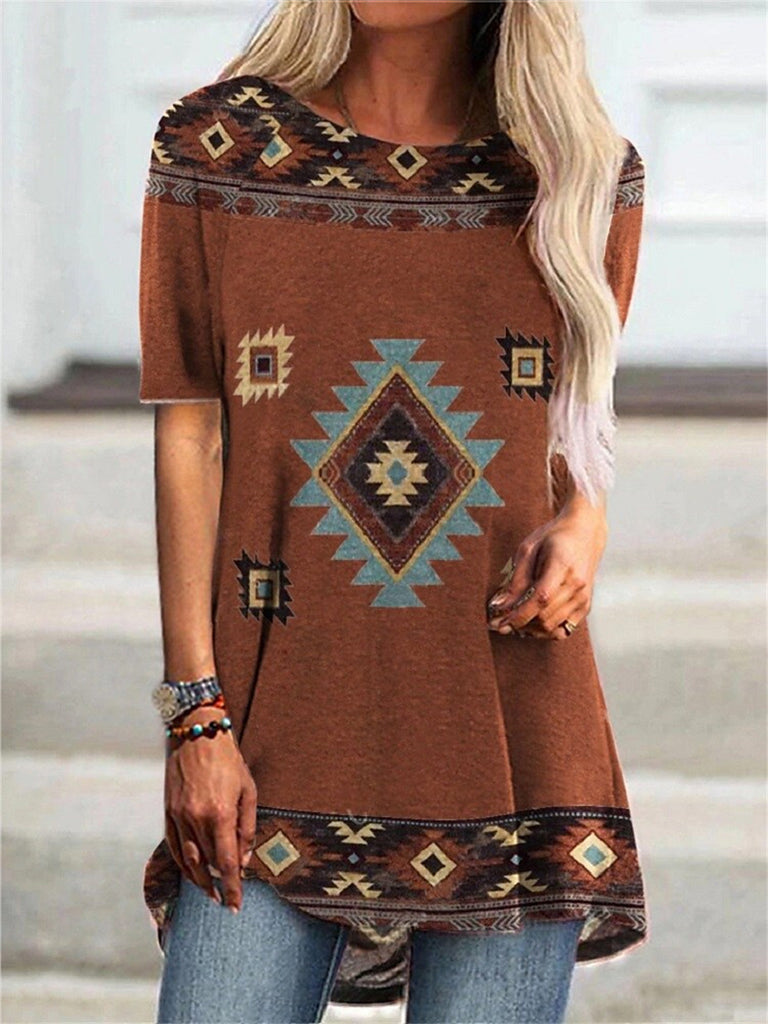 Round Neck Women's Casual Vintage T-shirt