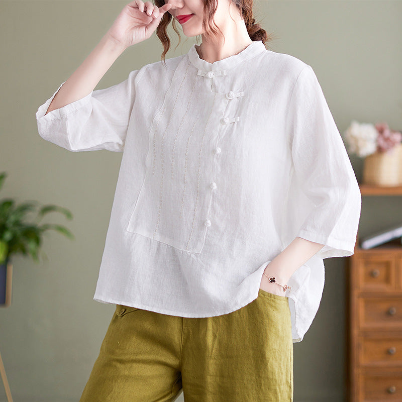 Stand Up Collar Button Contrast Patchwork Cotton Linen Shirt