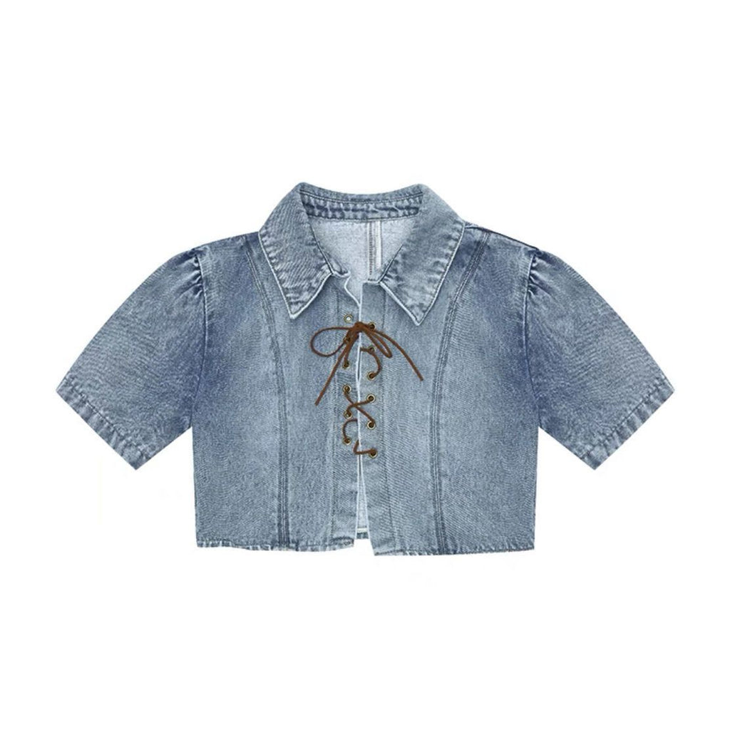 Denim Tie Up Shirt For Women With Loose Short Sleeves