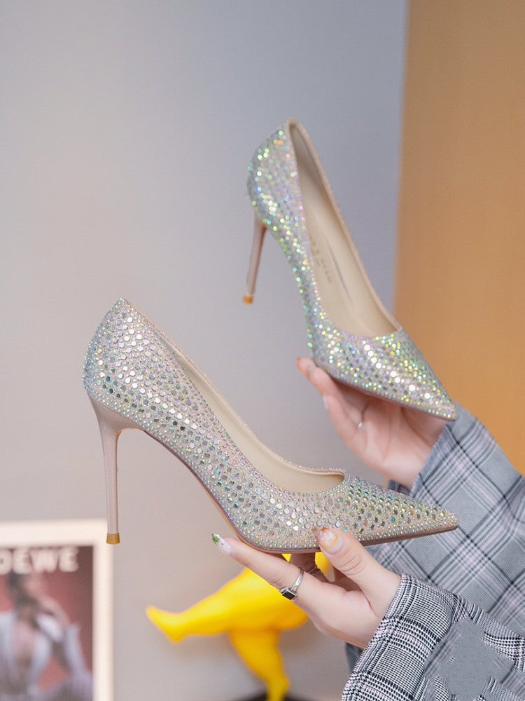 Diamond Bird Banquet Full Diamond Dress High Heels For Women 2023 New Elegant Pointed Stiletto Heel Bridesmaid Pumps